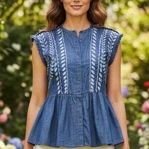 eShakti Wayward Fancies Blouse sleeveless Tunic Peplum Embroidery Demin Med